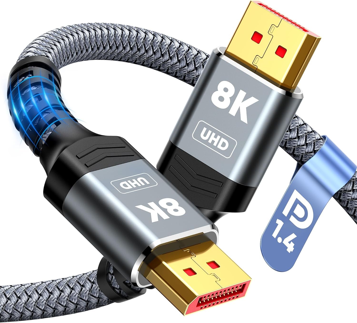 8K 4K Displayport Cable 1.4, VESA Certified DP Cord 6.6Ft | 8K@60Hz, 4K@144Hz, 2K@240Hz, 32.4Gbps High Speed, for Gaming Monitor & Graphic & PC, HDCP 2.2/Freesync/G-Sync, Braided, Grey